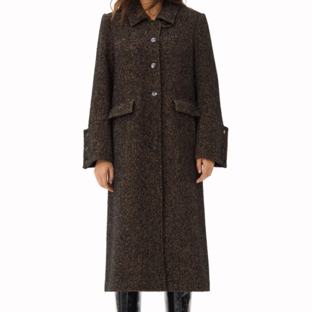 Ganni Brown Herringbone Long Trench Coat